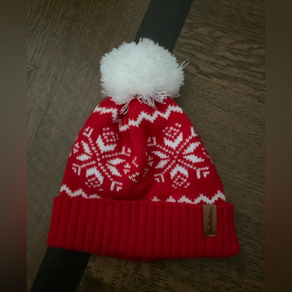 Red and White Pom Pom Knit Beanie - Women